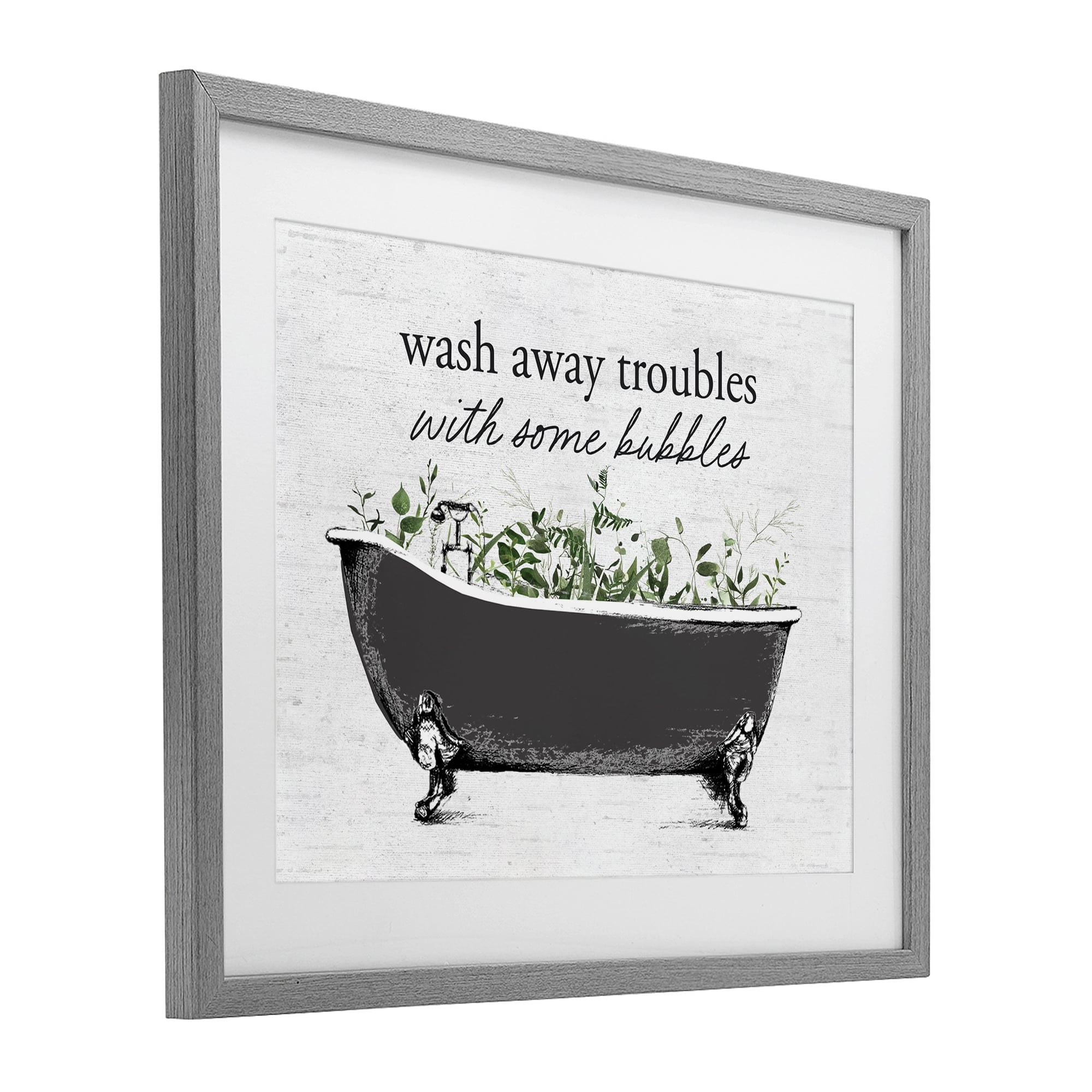 Comforting Bubble Bath Quote Gray Framed Print Under Glass, design by Lettered and Lined