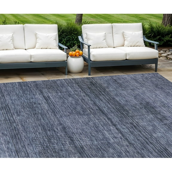 9' X 12' Navy Blue And Gray Striped Washable Indoor Outdoor Area Rug