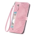 thumbnail image 4 of SaniMore Case for Samsung Galaxy S21 FE 5G 6.4", PU Leather Zipper Wallet Detachable Lanyard Retro Embossed Flower Crad Slots Flip Kickstand Full Body Protective Drop-proof Case, Pink, 4 of 15