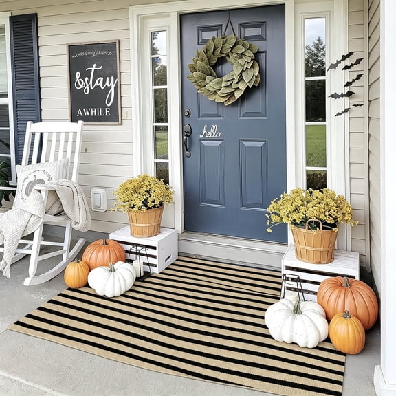 XIBUFE Washable Outdoor Rug 3’X5’ Black Tan Striped Porch, Fall Front Door Mat Cotton Entryway Indoor Floor Carpet