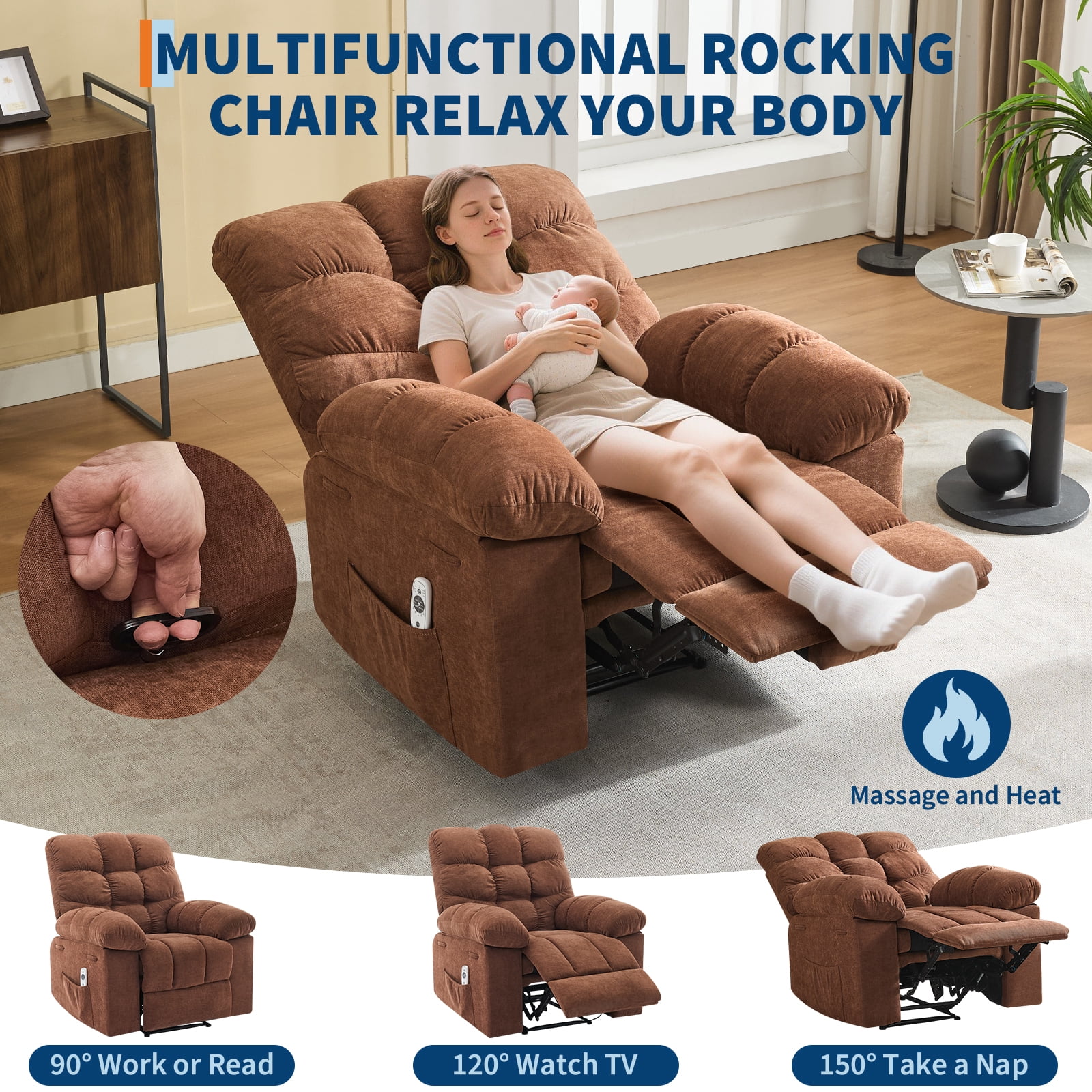 Recliner Chair for Adult, Recliner with Massage&Heating, Manual Recliners, Upholstery Overstuffed Soft Rocking Sofa Chair, Brown