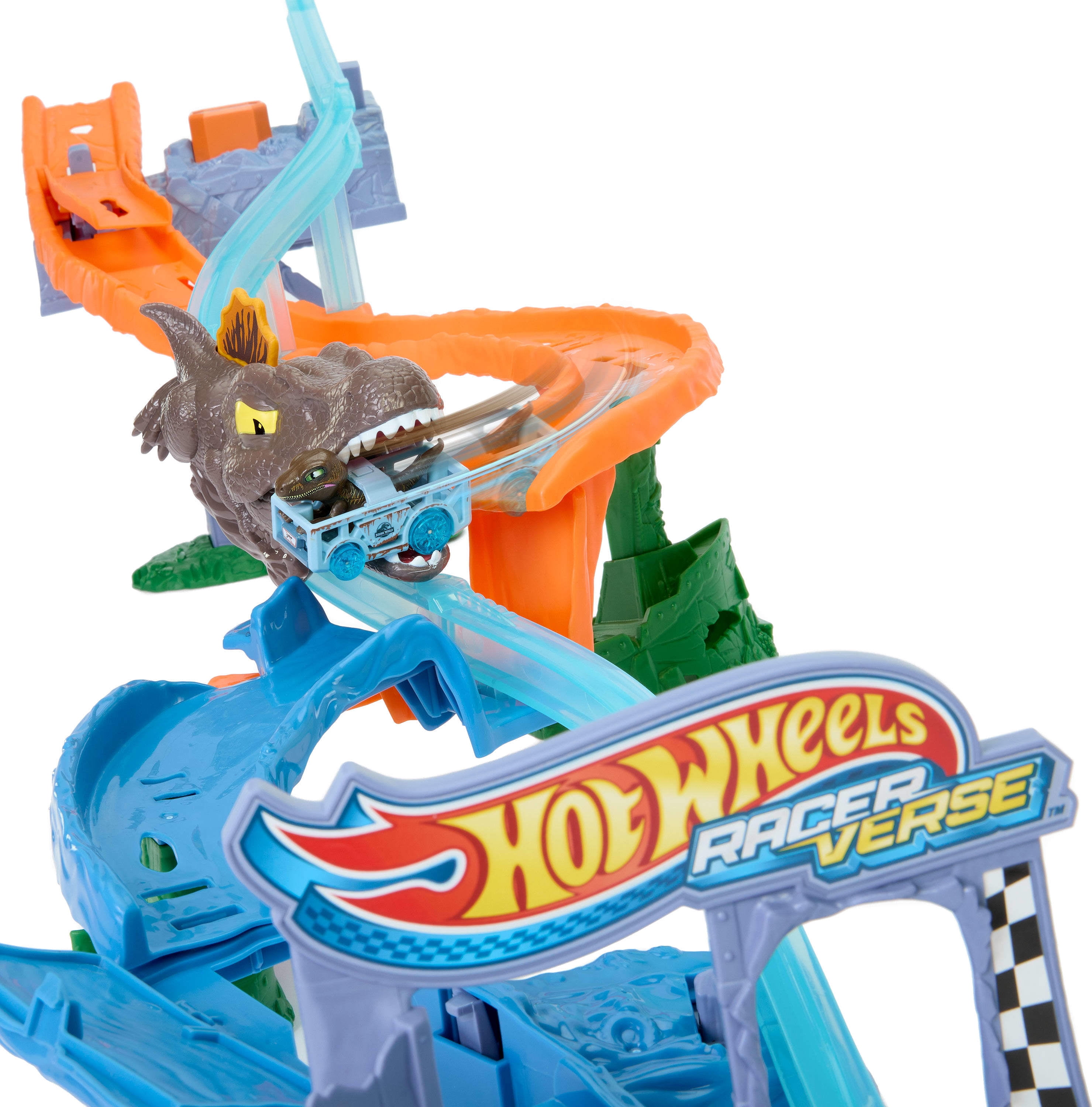 Hot Wheels RacerVerse Jurassic World Crash & Splash Track Set & Die-Cast Dinosaur Toy Car