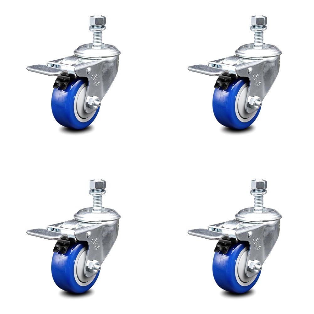 Polyurethane Swivel Threaded Stem Caster Set of 4 w/3.5" x 1.25" Blue