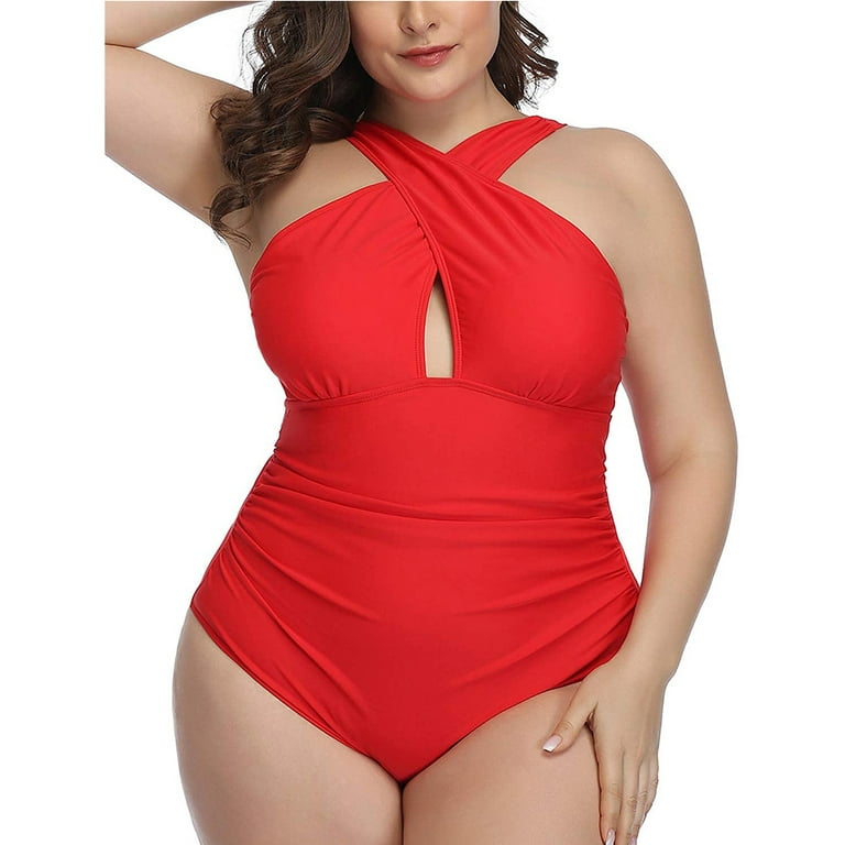 Plus Size One Piece Swimsuits,Tummy Control Keyhole Bathing Suits Swimwear  for Women