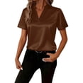 thumbnail image 2 of Endives Womens Satin T-shirt V Neck Short Sleeve T Shirt Elegant Blouse Womens Top Summer Outfits Brown, 2 of 7