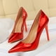 thumbnail image 3 of Zapatos de tacón alto y delgado para mujer, estilo de tacón de metal, superbrillante, de piel lacada, con boca poco profunda y punta puntiaguda, sexys, para discoteca, 3 of 5