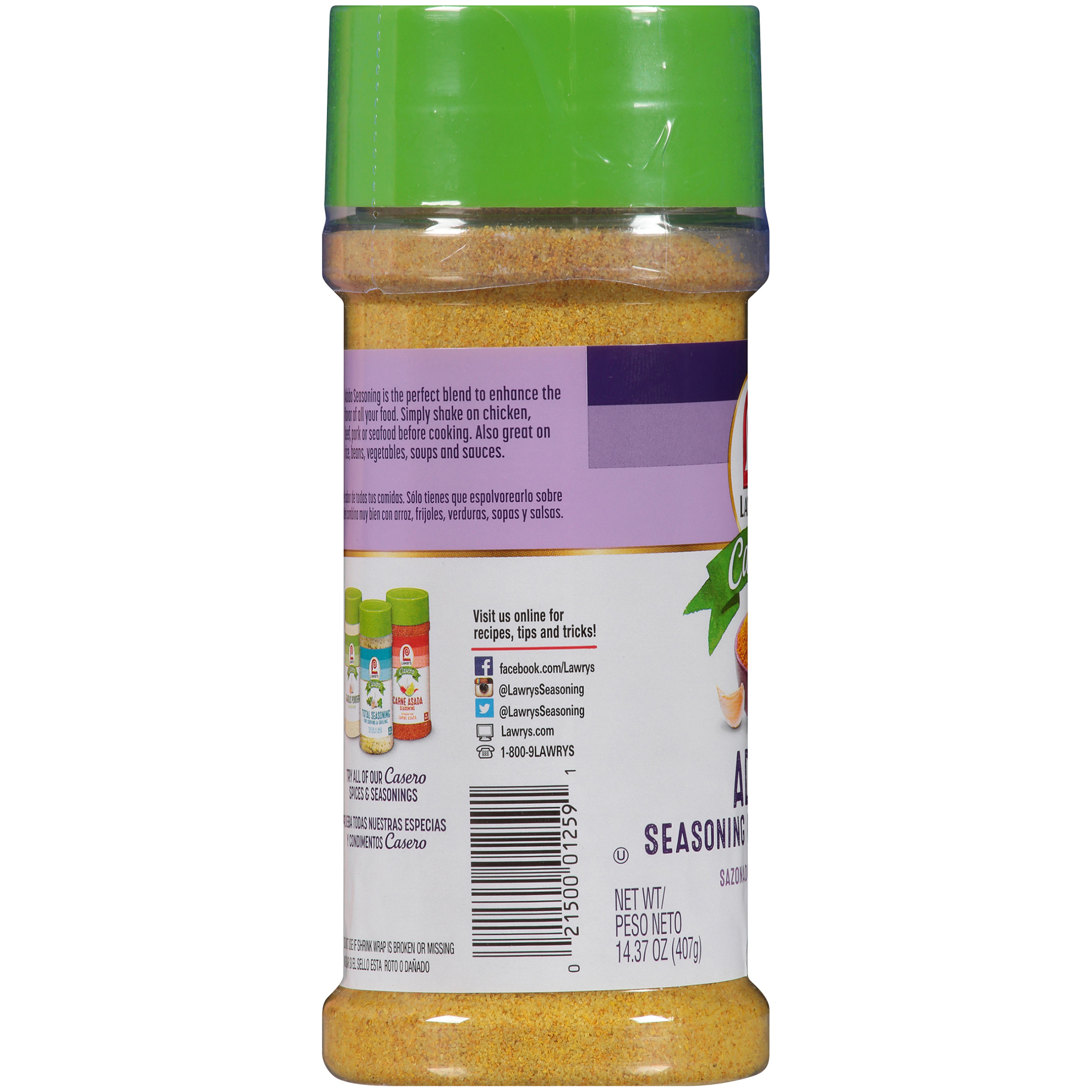 Lawry's Casero Kosher Adobo Seasoning Without Pepper, 14.37 oz Bottle