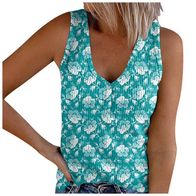 MIASHUI Womens Tank Tops Summer V Neck Button Casual Shirts Floral Print Blouse,Blue,M