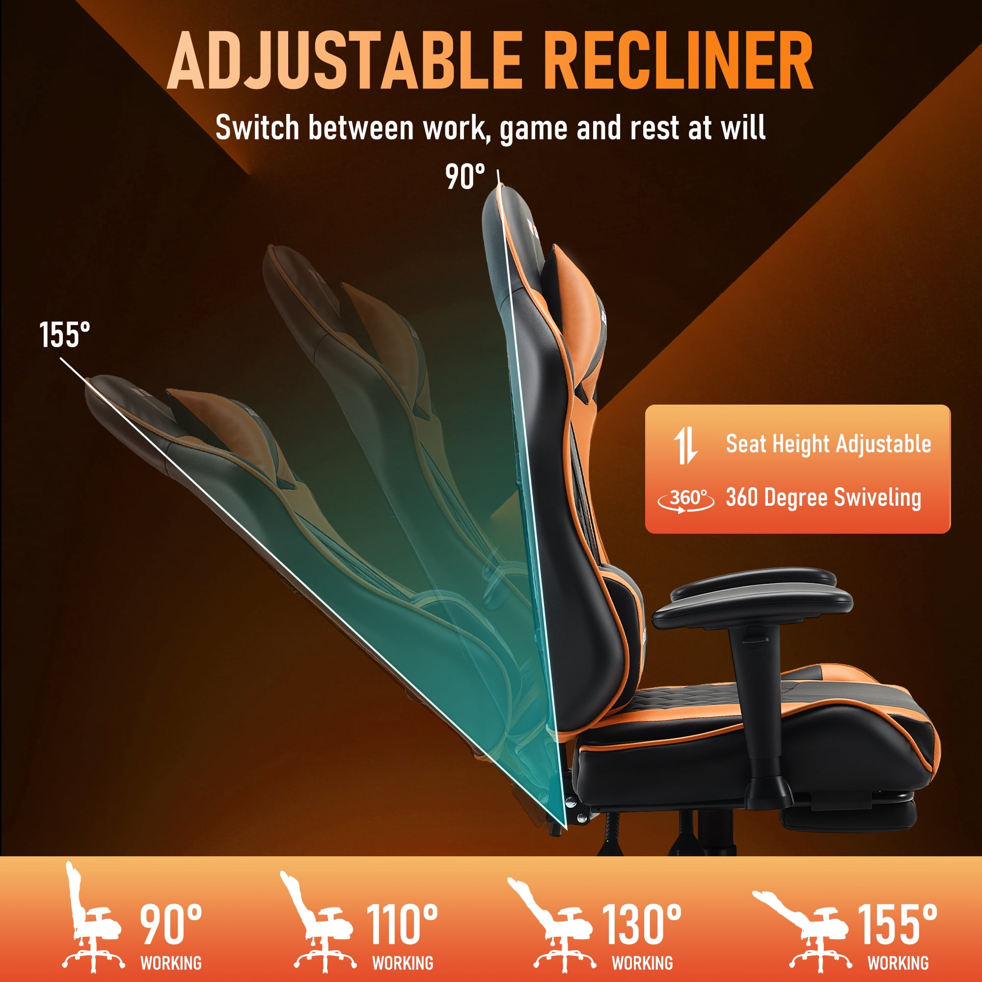 JONPONY Big and Tall 500LBS Gaming Chair, Ergonomic Design with 2D Armrests,PU Leather with Footrest and Lumbar Support, High Back Office Chair Support 8 Hours Long Sitting, Computer Chair,Orange