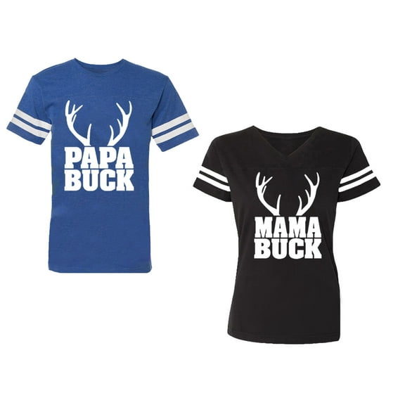 Papa Mama Buck Unisex Couple Matching Cotton Jersey style T-Shirt Contrasting stripes on sleeves (Men Royal / Women Black) (Men S / Women S)