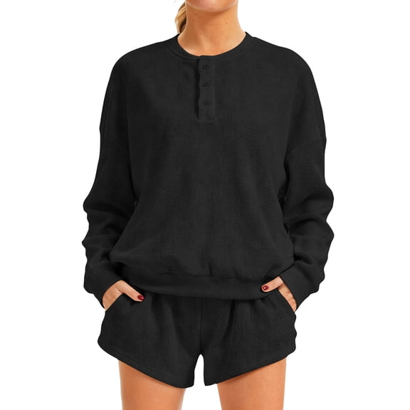 Lumtrix Women'S 2 Piece Lounge Sets Crew Neck Oversized Sweatshirts Sweat Shorts With Pockets Matching Tracksuit Set Trebdy Casual Outfits Black L
