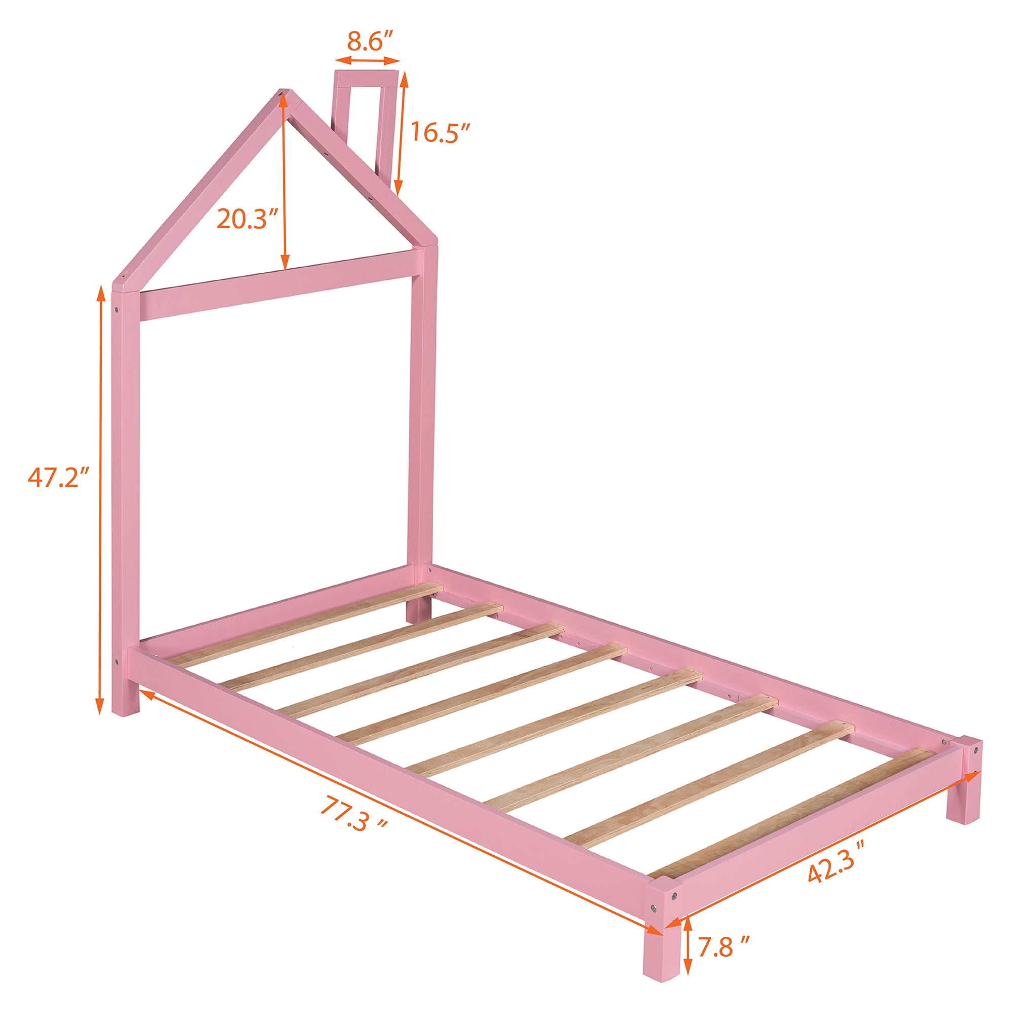 Bellemave Twin Size Kids Bed Frame with House-Shaped Headboard, Solid Wood Toddler Platform Bed with Slats for Girls Boys, No Box Spring Needed (Pink)