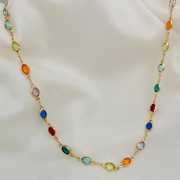 Rainbow CZ Necklace, Tennis Necklace, Tennis Choker, Crystal Necklace, Gemstone Necklace, Layering Choker, Colorful Charm,