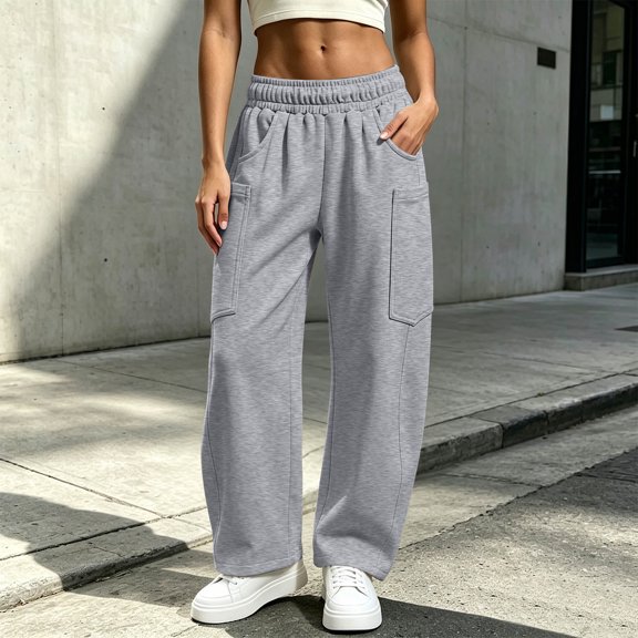 Bzdzmqm Women's Elastic Waist Cargo Pants with Pockets Wide Leg Casual Streetwear Lounge Long Pants Vacation Travel Trousers Fashion Summer Clothes, Gray L