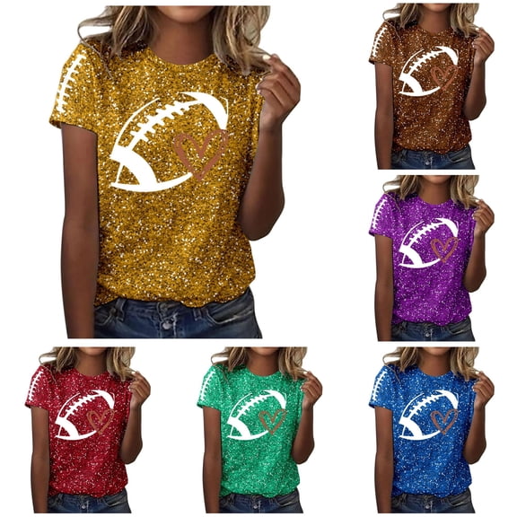 HCYSFG Womens Football Sequin T Shirts Crewneck Short Sleeve Game Day Sparkle Detail Loose Fit Sports Tees Summer Tops