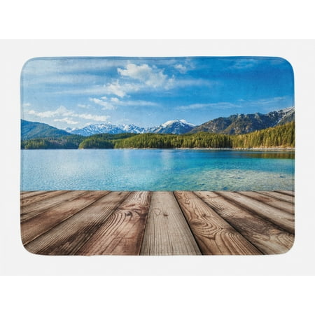 Mountain Bath Mat, Snowy Mountain Tops from Old Wood Deck Pier by Sea Idyllic Calm Coastal Charm, Non-Slip Plush Mat Bathroom Kitchen Laundry Room Decor, 29.5 X 17.5 Inches, Blue Brown, Ambesonne