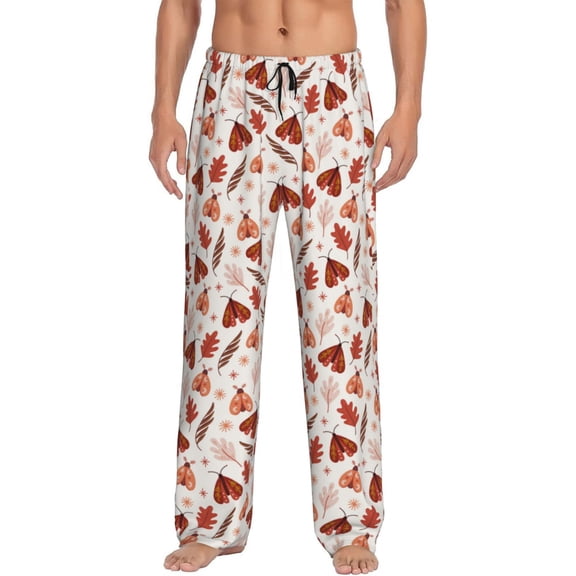 Gukieu Autumn Brown Butterfly Print Men's Home Trousers, Elastic Drawstring Home Pajamas Clothing Suitable for Adult Men-Small