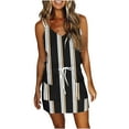 thumbnail image 1 of Spaghetti Strap Dresses for Women Striped Print T-shirt Dress Sleeveless V Neck Tank Dress Drawstring Waist Dress Casual, 1 of 4