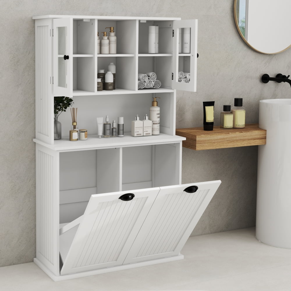 Holaki 59.69" Two-Compartment Tilt-Out Dirty Laundry Basket Tall Bathroom Cabinet with 2 Adjustable Shelves,Tall Pantry Cabinet Cupboard,White/Black
