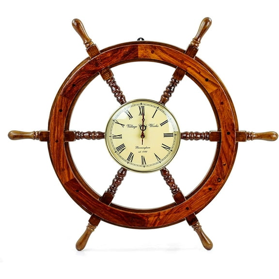 Nagina International 30" Wooden Ship Wheel with 8" Clock | Pirate's Maritime Gift's Decor Ideas | Bath Room Wall Hanging Accessories | Yellow Dial Vintage Style (Village Clock Works - Birmingham)