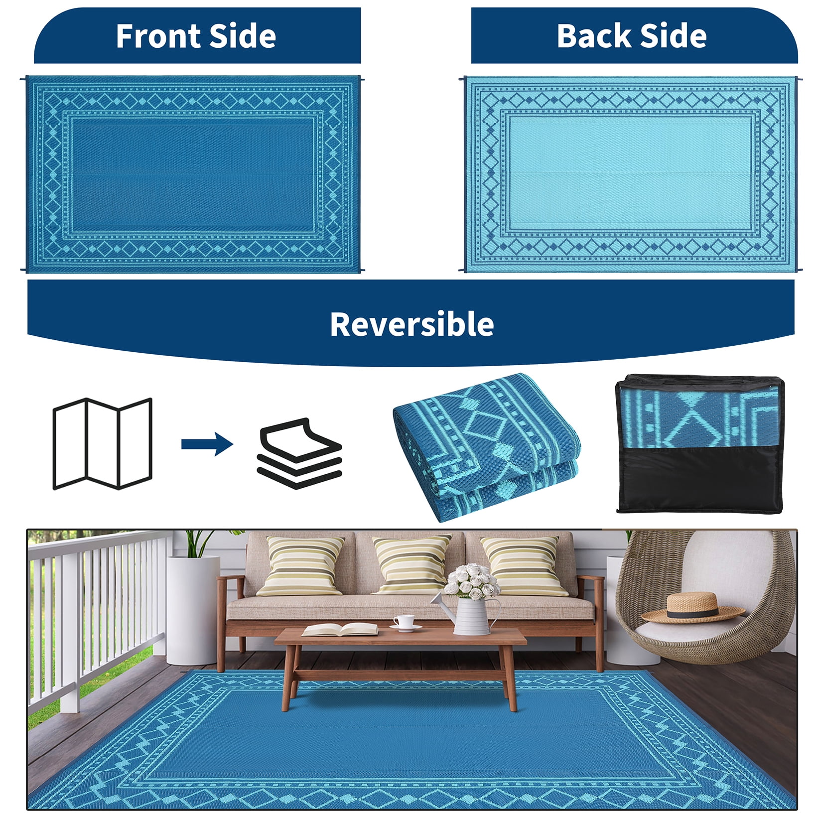 Garvee 9'x18' Outdoor Rug Modern Bordered Geometric Rug Waterproof Reversible Plastic Straw Rug for Patio Camping RV Balcony Backyard, Blue Green