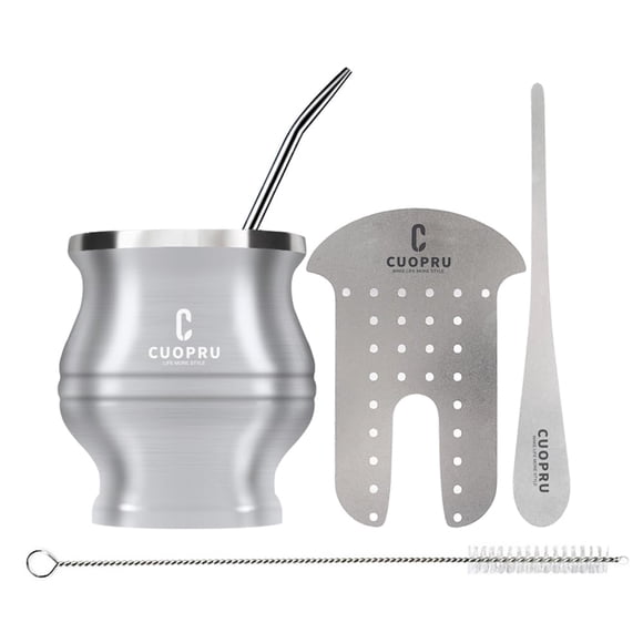 Taza para mate argentino, CUOPRU Tazas de Té de Doble Pared de Acero Inoxidable, Juego de Tazas de Calabaza Incluye Bombillas para Yerba Mate, Pajitas Foco Mate, Cepillo para Polvo de Limpi