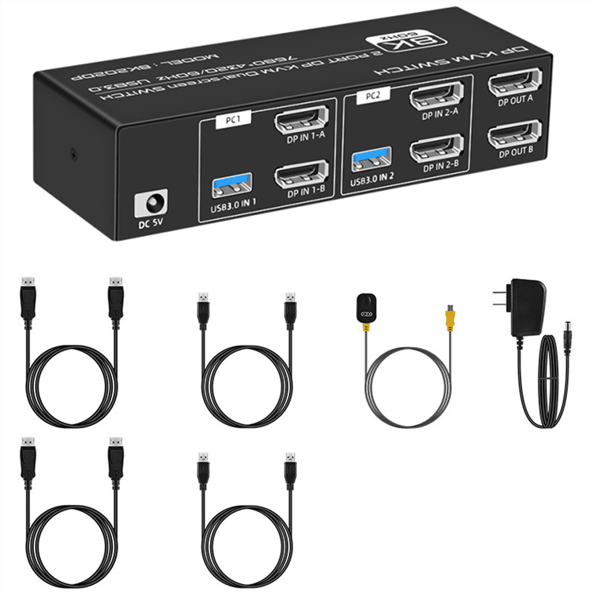 8K DP KVM Switch for 2 Computers USB 3.0 KVM Switch 2 in 2 Out and 4 USB 3.0 Port for Mouse Keyboad Monitor US Plug