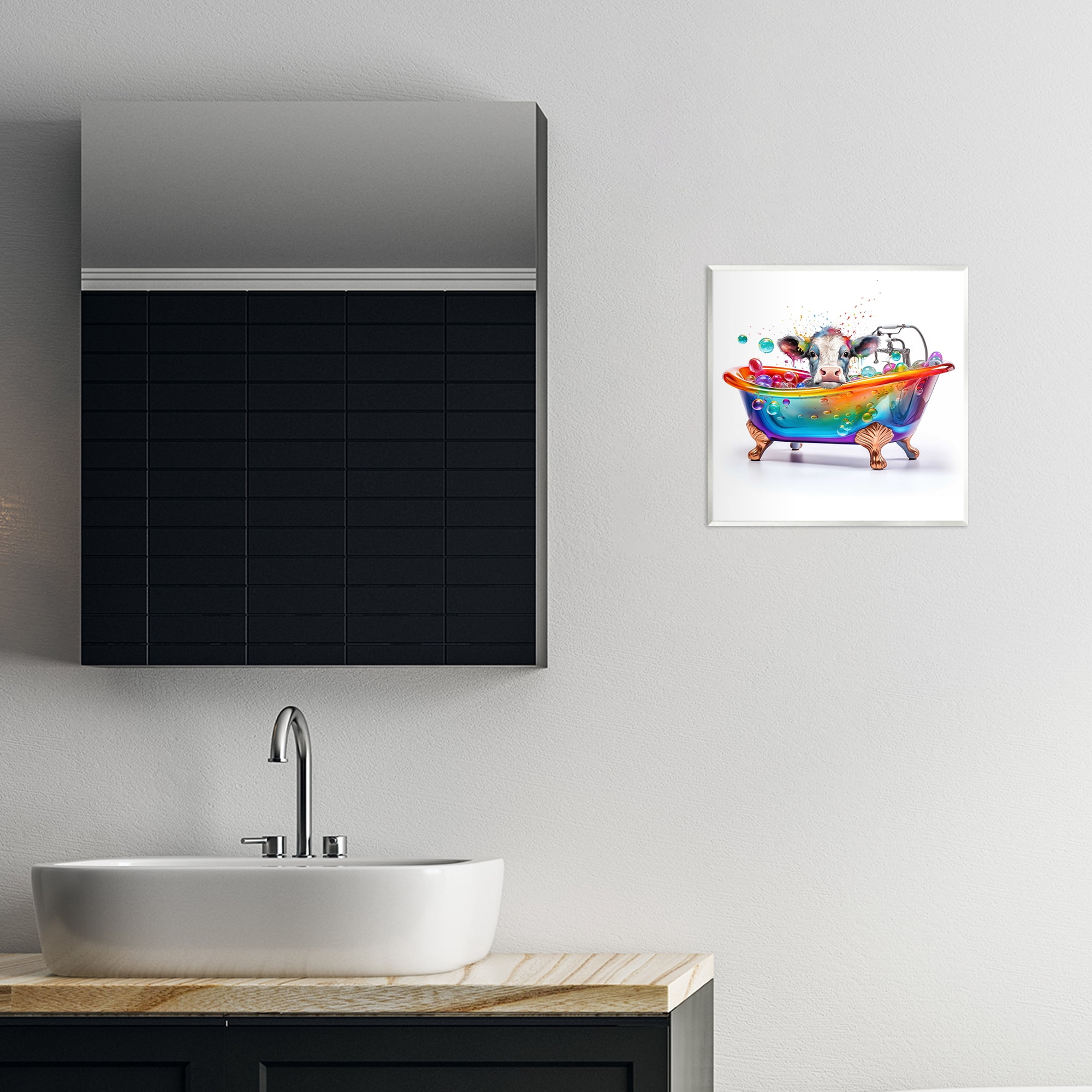 Stupell Industries Cow in Rainbow Bath Typography Painting Unframed Art Print Wall Art, 12 x 12