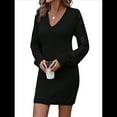 thumbnail image 3 of Women'S Mini Fitted Crochet Hollow-Out Sweater Sexy- Dress Dressy Casual Long Sleeve V Neck Knit Dresses Black L, 3 of 8
