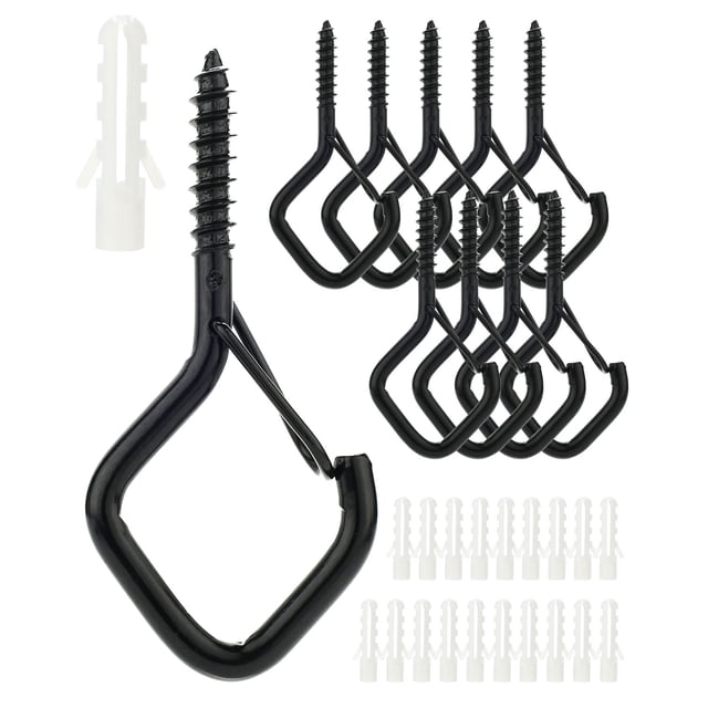10 PCS Hanger Hooks with Safety Buckle, Windproof Screw Hooks for Hanging Outdoor String Lights, Ceiling Outdoor Hooks for Hanging Plants, Christmas Lights & Patio Lights, Black