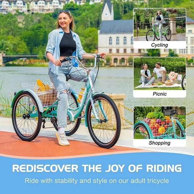Lilypelle Adult Tricycles 7 Speed 20 24 26 Inch Three Wheel Bike Cruiser Trike with Low Step Through Frame Large Basket for Men Women Seniors