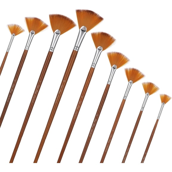 NOGIS Artist Fan Paint Brush Set of 9 Pcs, Professional Artist Acrylic Paint Brushes Set with Long Wood Handles Anti-Shedding Nylon Hair for Acrylic Watercolor Oil Painting,Rock Painting