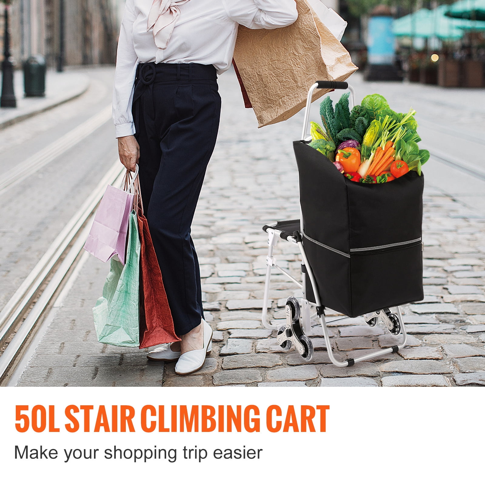 KFFKFF Stair Climber 50L Foldable Shopping Cart with Waterproof Bag and Seat