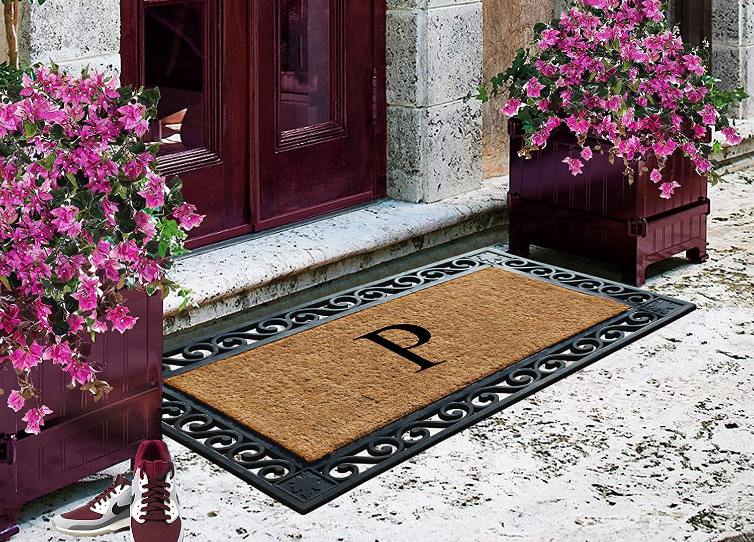A1HC Natural Coir and Rubber Paisley border Monogrammed Doormat, Anti-Shed Treated Durable for Outdoor Entrance , 23"X38", Black