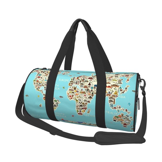 Balery World Travel Line Icons Map Bolsa de Gimnasio para Mujeres y Hombres, Bolsa de Viaje Impermeable, Bolsa de Fin de Semana con Compartimento para Zapatos y Bolsillo Húmedo