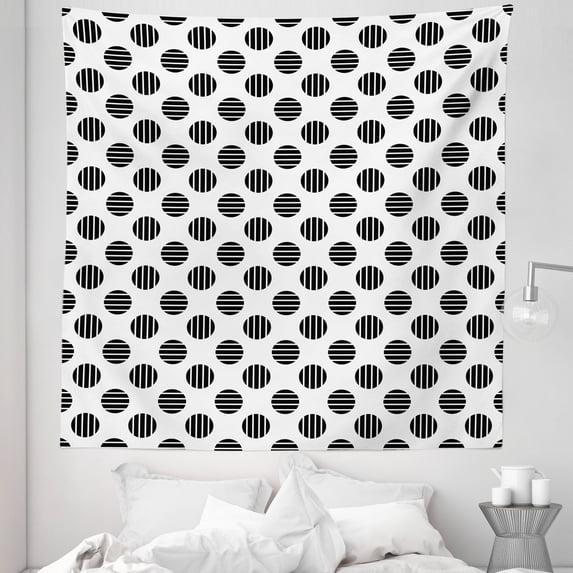 Abstract Tapestry, Minimalist Circles with Vertical and Horizontal Inner Lines, Fabric Wall Hanging Decor for Bedroom Living Room Dorm, 5 Sizes, Charcoal Grey and White, by Ambesonne
