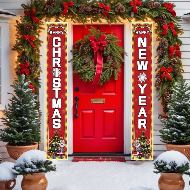Cortina de puerta con pareado navideño | Decoración personalizada para fiestas navideñas | Bandera para puerta con luces | Tela de poliéster para decoración del hogar y festivales