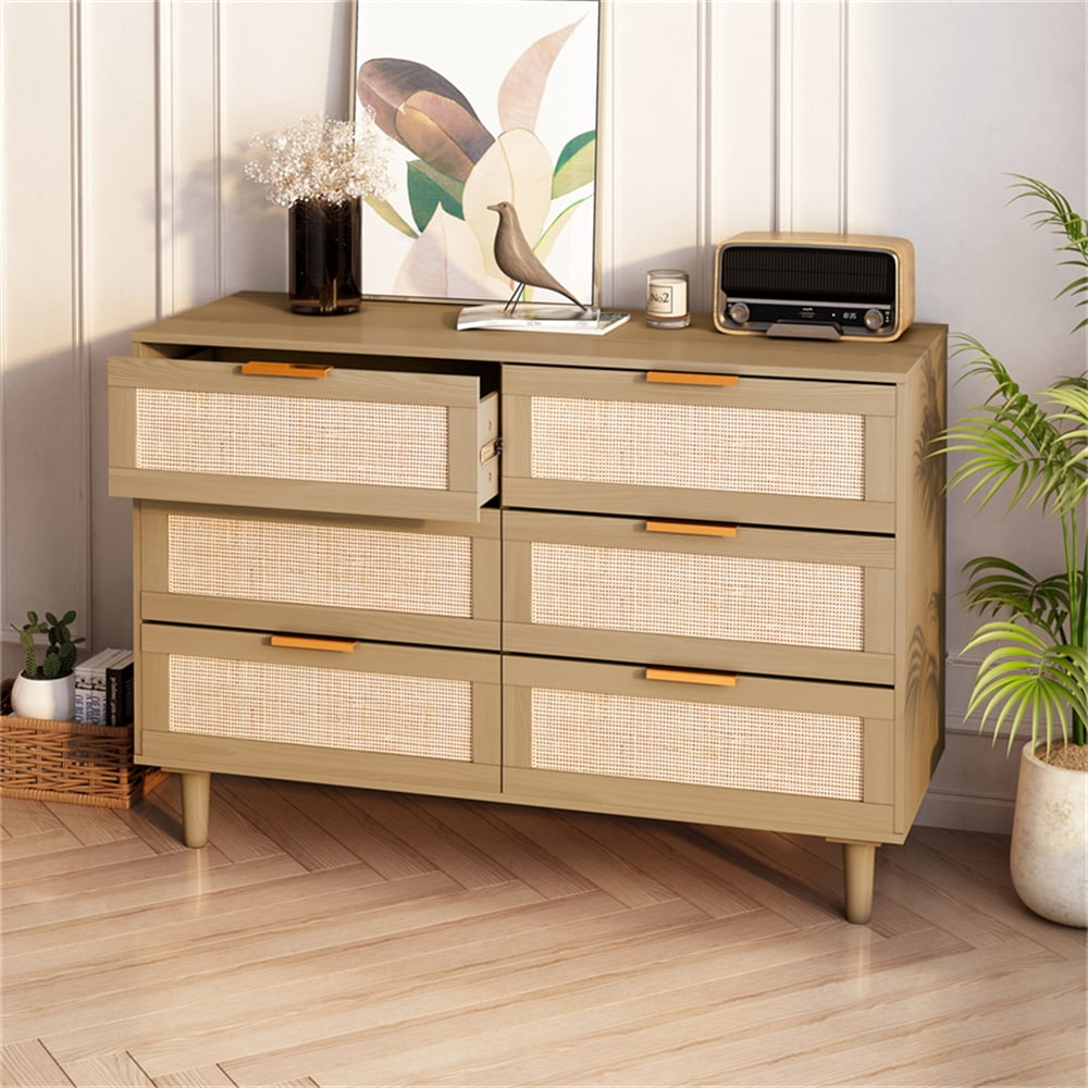 6 Drawers Rattan Dresser, Modern 6 Rattan Drawers Double Dresser with ...