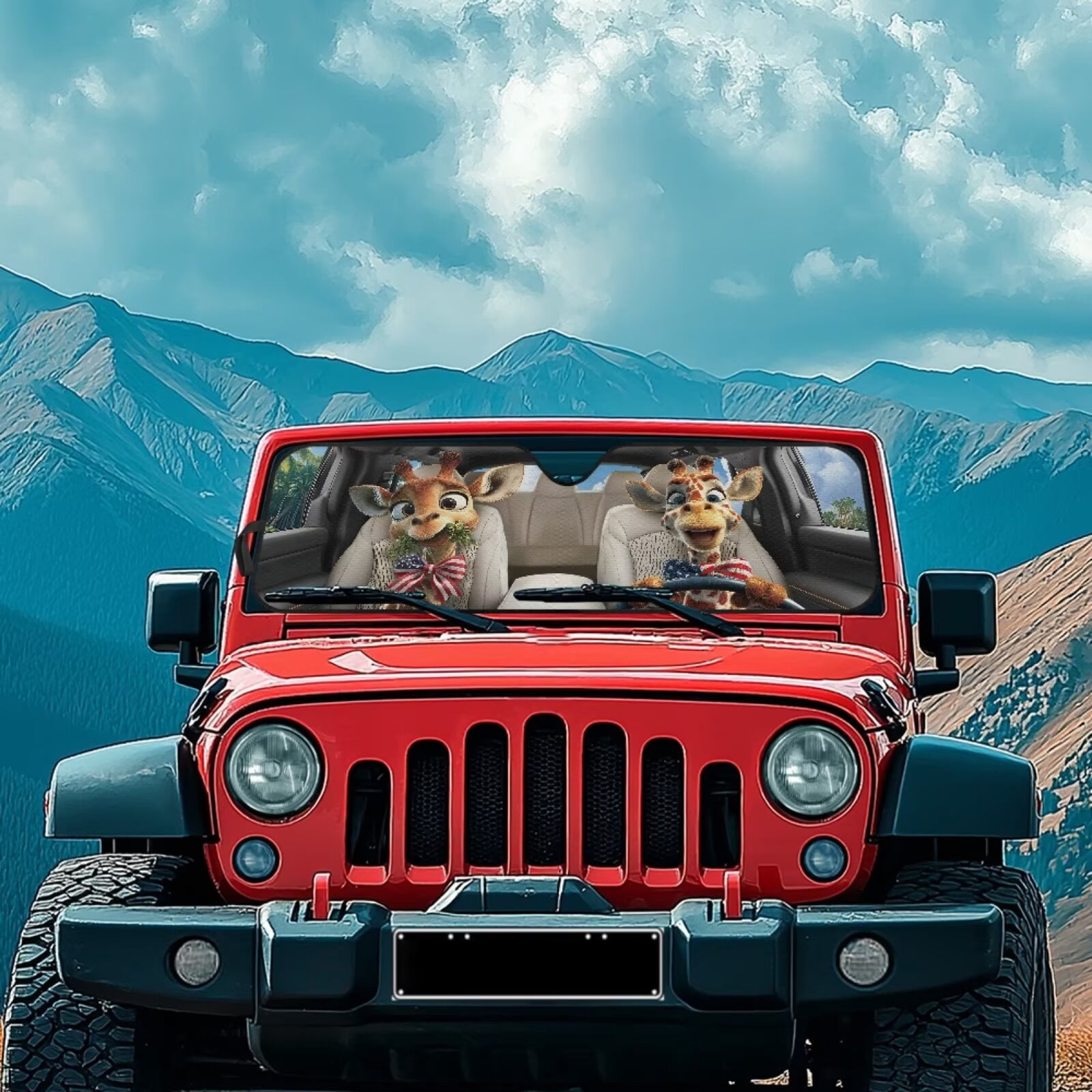 Uorisanigo Windshield Sunshade Sun Shade American Flag Giraffe Driving Heat Shield Compatible with Jeep Wrangler JK JKU JL JLU1997-2024, Sun Visor Mat Protection for Car Interior