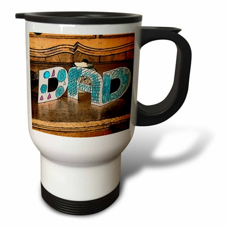 

3dRose A Card Made from a Child That says Dad in Blue and Pink Travel Mug 14oz Stainless Steel