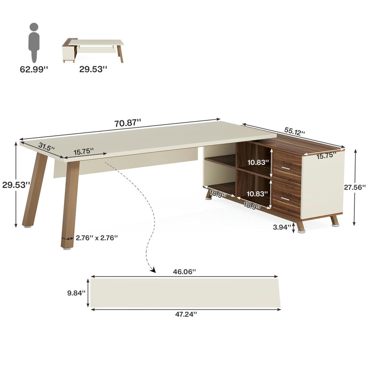 Demi Bonn Modern L Shaped Gaming Computer Desk, 71" Corner Executive Desk with File Cabinet for Home Office, White