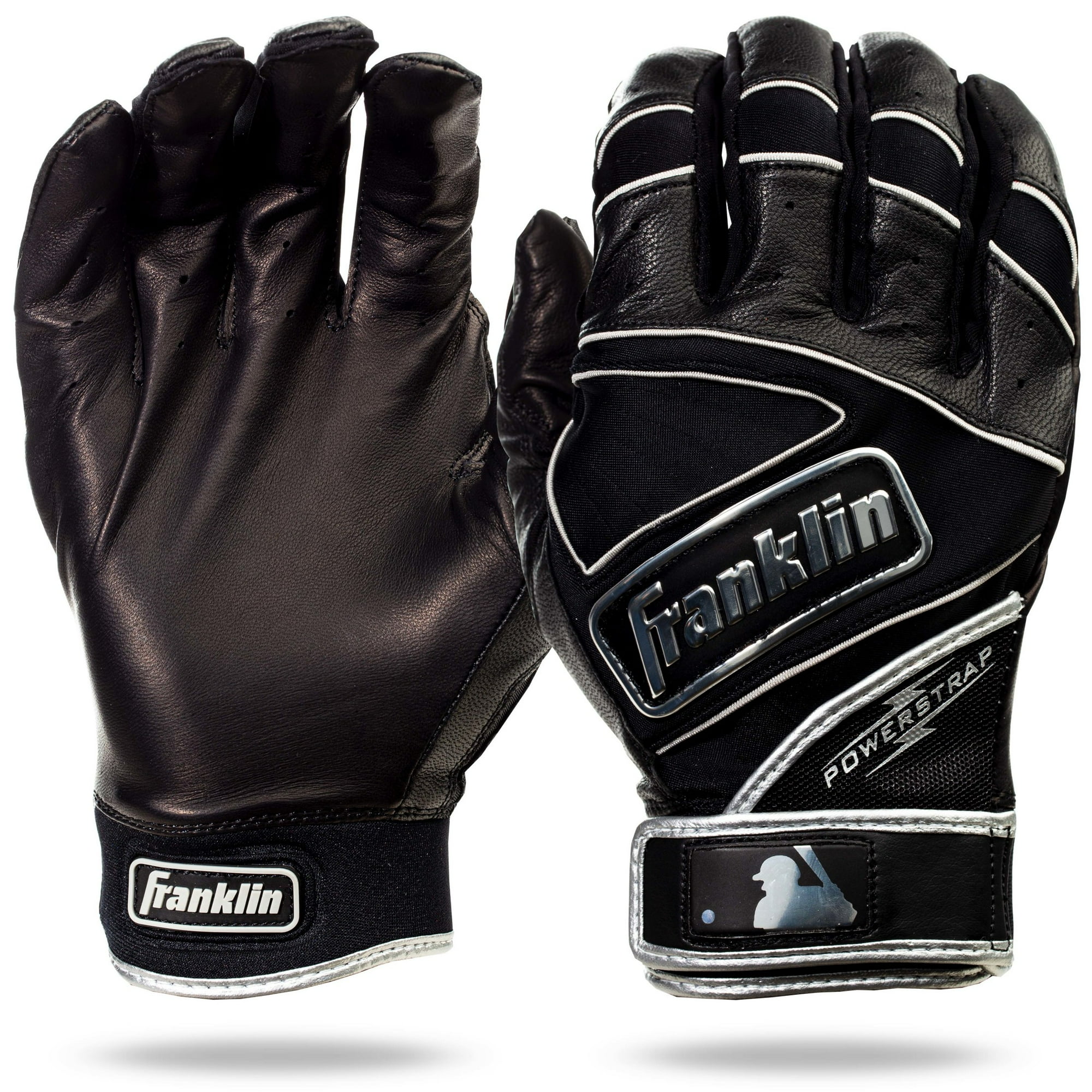 Franklin Sports MLB Batting Gloves - Powerstrap Chrome Adult Men s + Youth Batting Gloves Pair - Baseball + Softball Gear - Black - Adult Medium