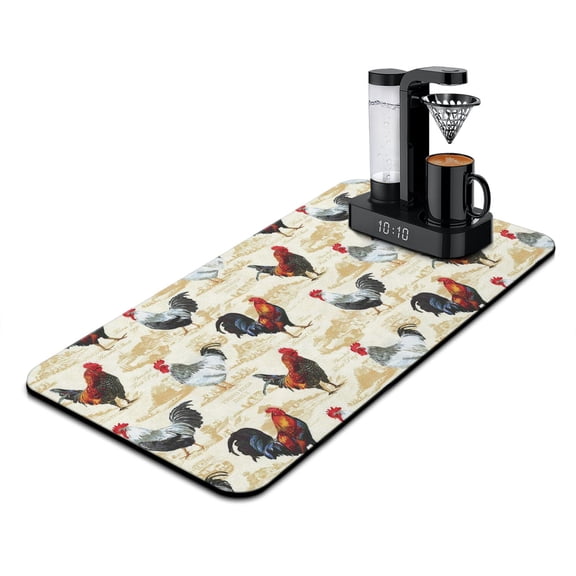 Farmhouse Coffee Bar Mat - Waterproof Absorbent Counter Protector with Rustic Rooster Print
