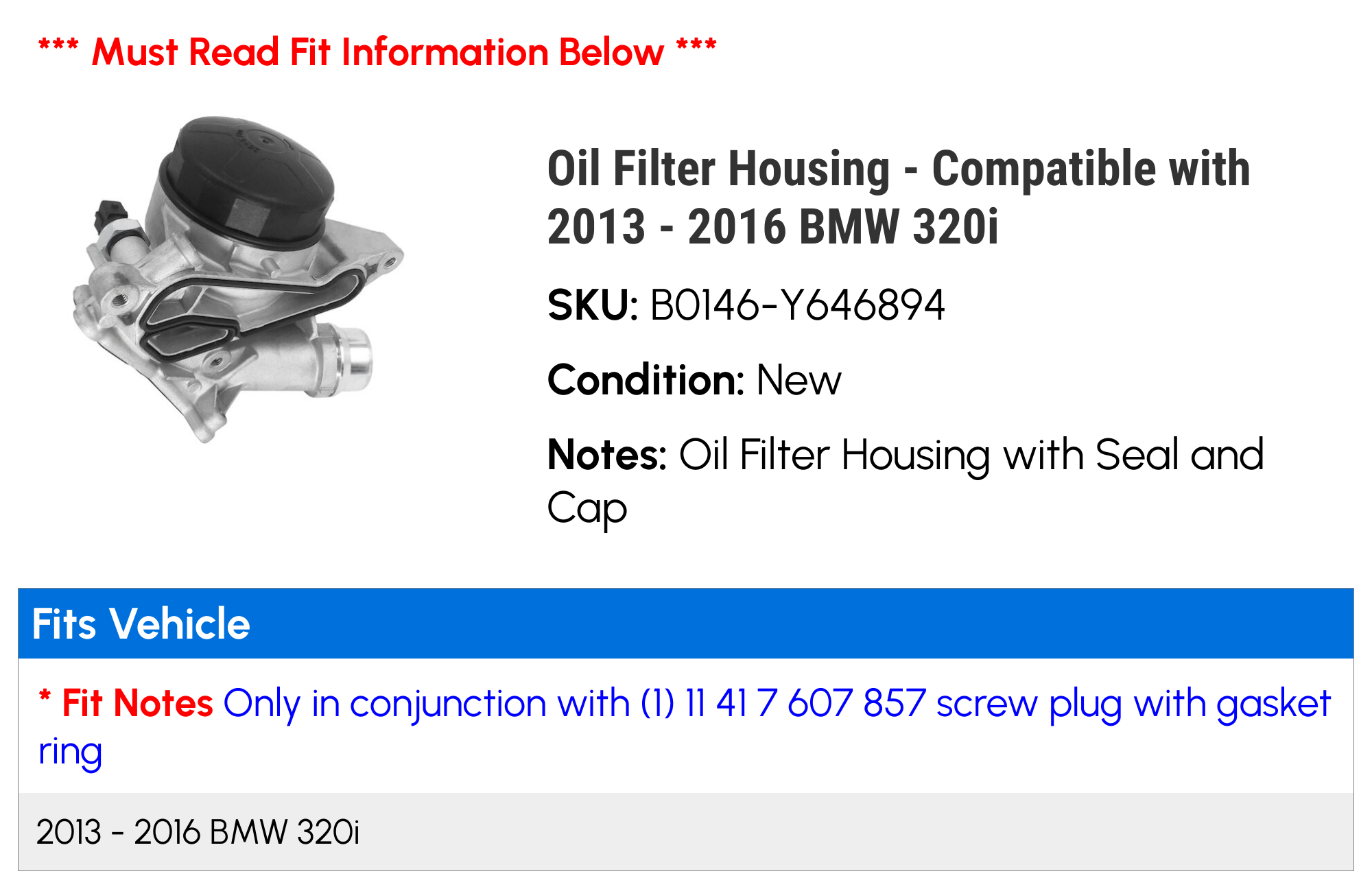 Oil Filter Housing - Compatible with 2013 - 2016 BMW 320i 2014 2015