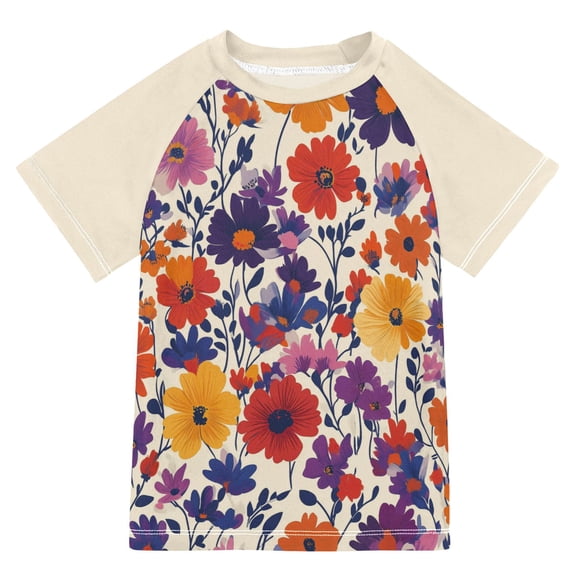 FORMRS Boys Rash Guard Short Sleeves Swim Shirt Quick Dry UPF 50 Sun Protection, Sizes 3-12T, Colorful Flowers Pattern