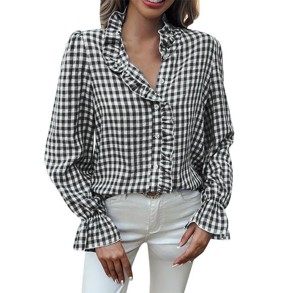 zbxnLI Womens Trendy Plaid V-Neck Blouse Puff Long Sleeve Fashion Tops for Women Casual Loose Work Fall Tops