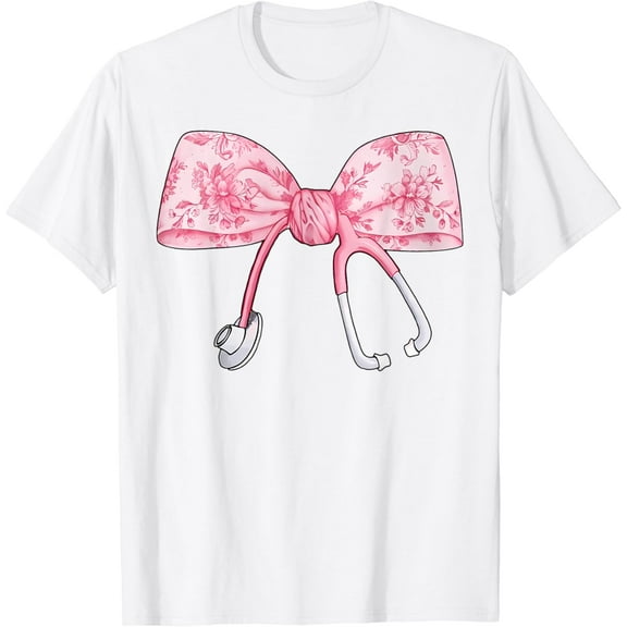 Floral Cute Pink Coquette Bow Stethoscope Registered Nurse T-Shirt