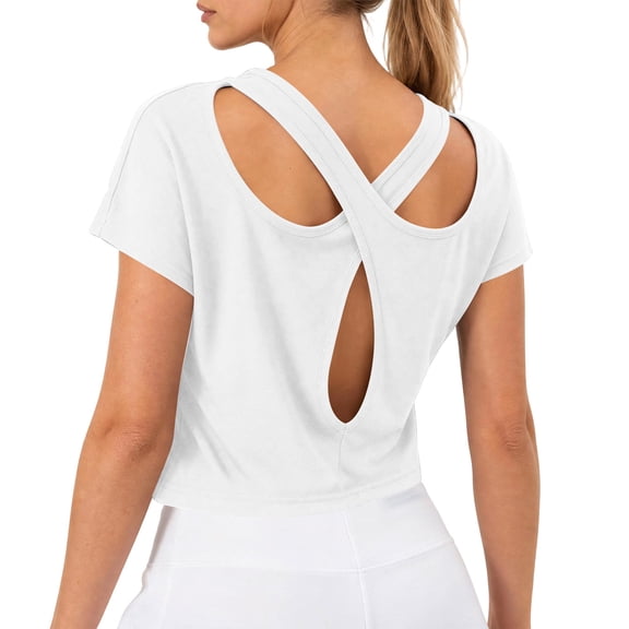 Hurxie Open Back Workout Tops for Women Loose Fit Athletic Crop Tee Short Sleeve Gym Running Yoga Shirt White,S