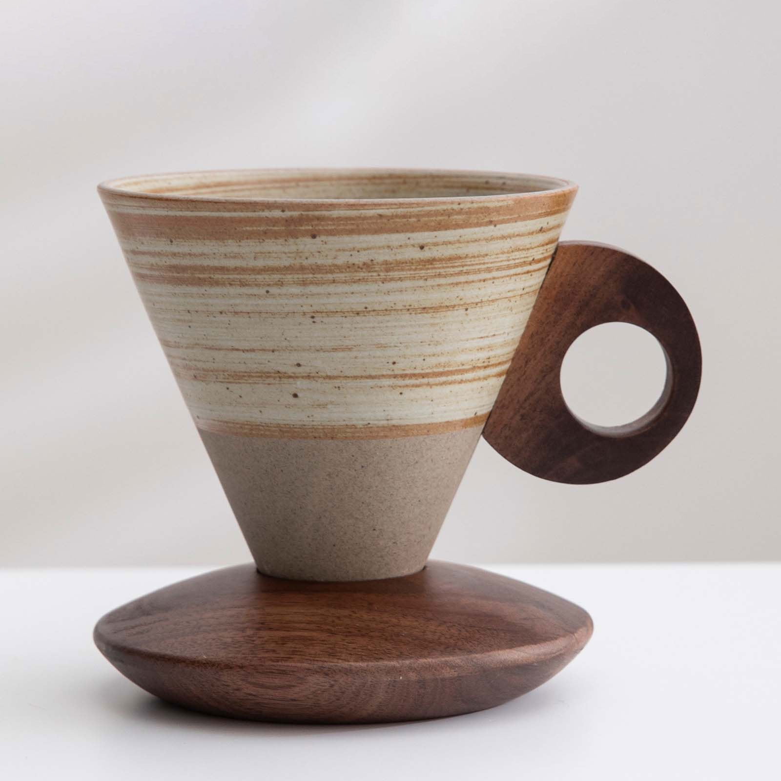 Elegant Conical Ceramic Coffee Cup with Solid Wood Base, Vintage Coarse Pottery Funnel-Shaped Mug for Home, Handcrafted Heat-Resistant Tea Coffee Cup, Pour-Over Espresso Brewing Mug, 200ml