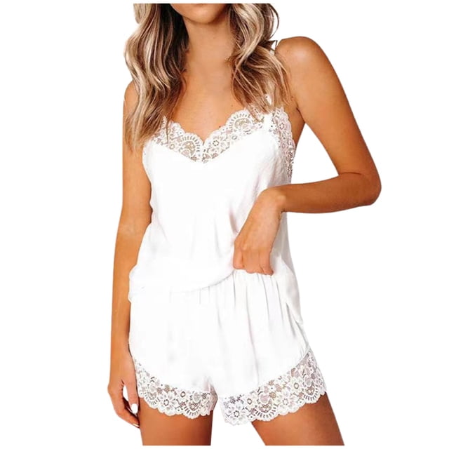 Conjunto de pijama sexy de encaje liso para mujer, con camisola y pantalones cortos, 2 piezas, tirantes ajustables
